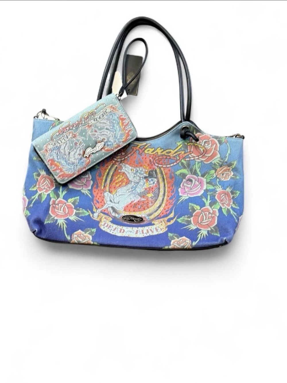 Ed Hardy Blue Floral Canvas Shoulder Bag with Matching Wristlet